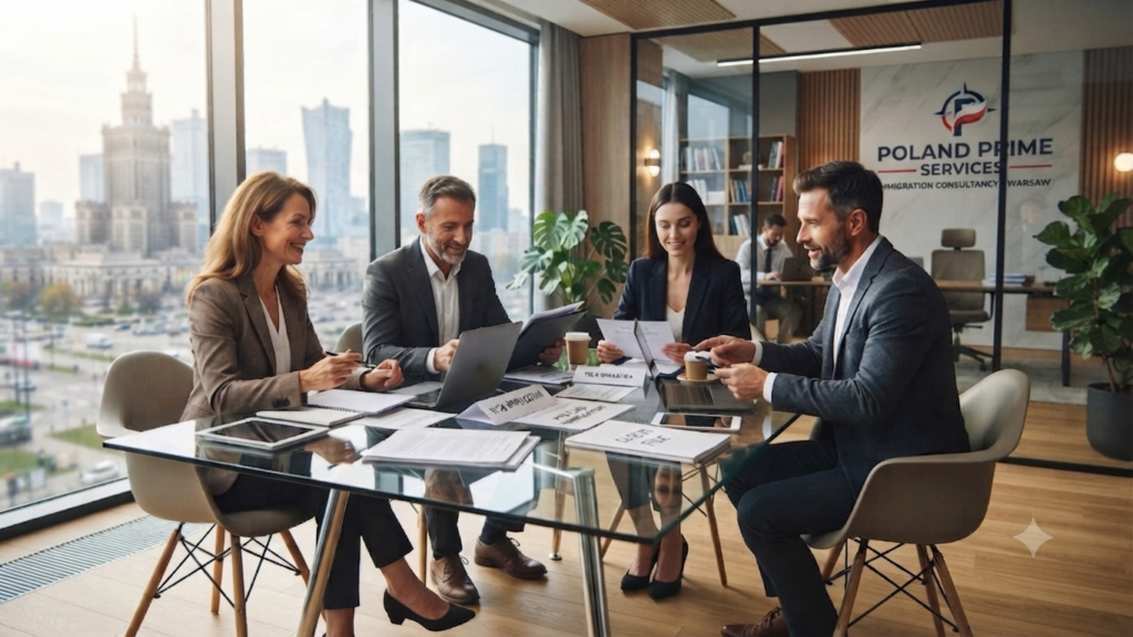 Home Professional team of Poland Prime Services immigration consultants discussing documentation in a modern Warsaw office.
