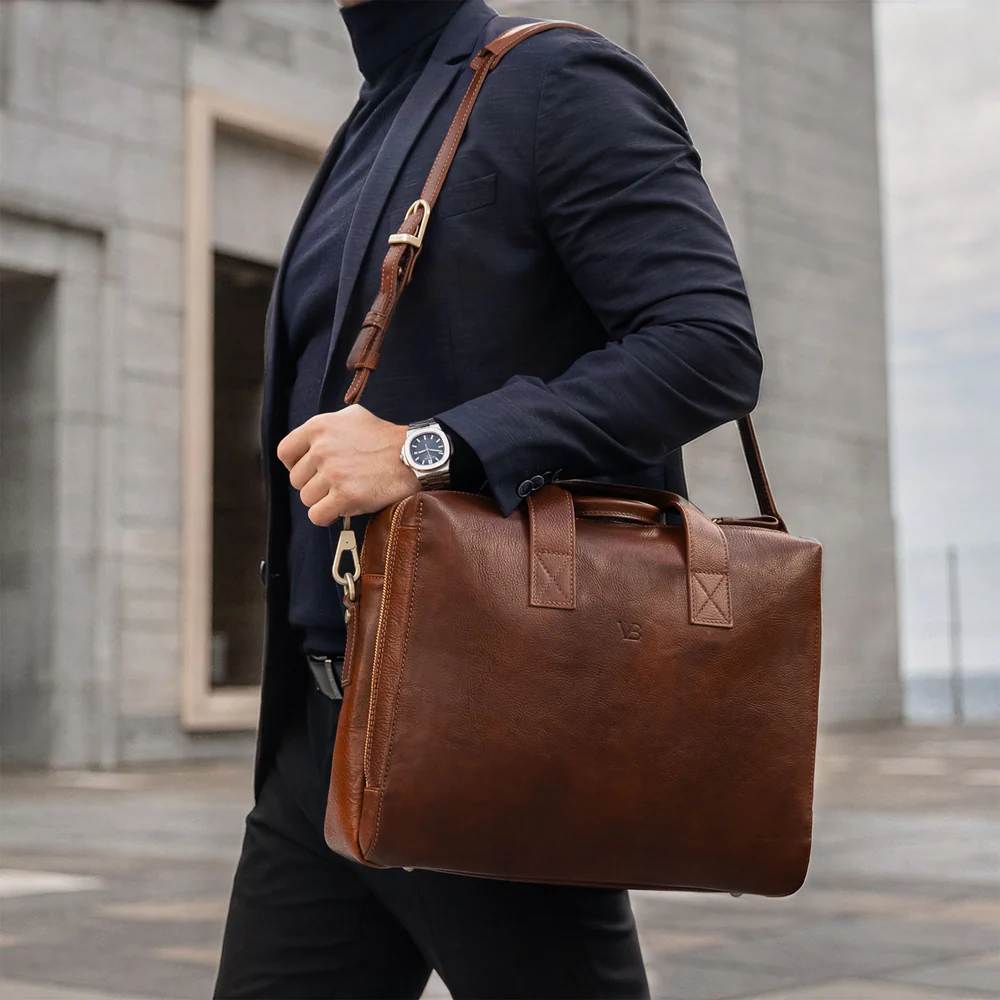 Home von baer essential full grain leather modern briefcase messenger bag brown in business setting vb